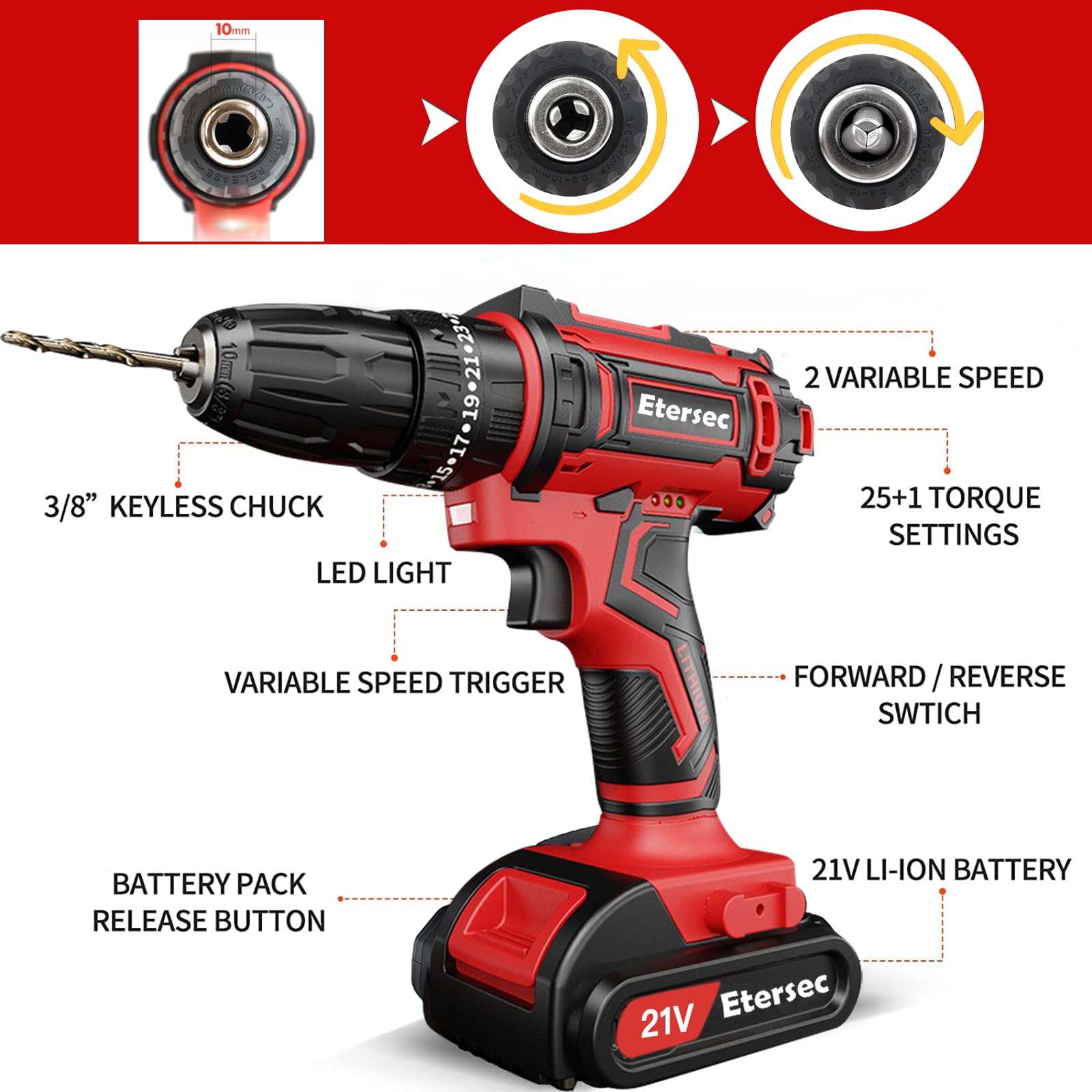 Cordless Drills Set 21V Electric Power Drill Kit with 2 Lithium-ion Batteries and 1 Fast Charger 3/8-Inch Keyless Chuck 2-Variable Speed 25+1 Torque Setting